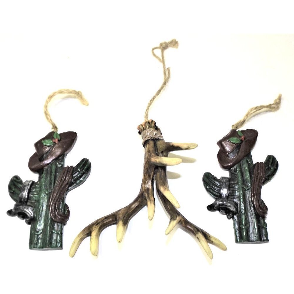Set of three Southwestern ornaments - two cacti and one set of antlers 4 inches